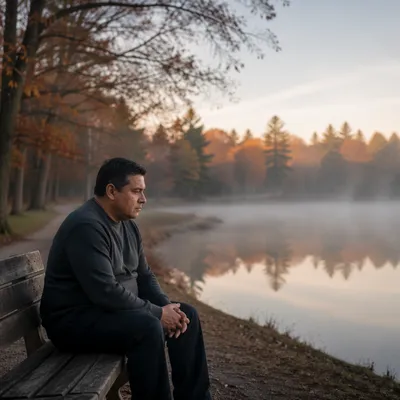 Man Contemplating Alone on Lakeside Bench
