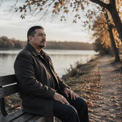 Solitary Man on Lakeside Bench
