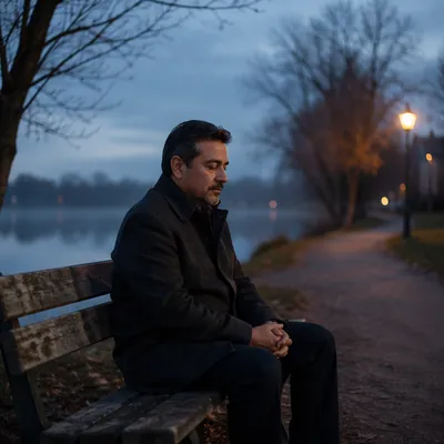 Solitary Man on Lakeside Bench at Twilight