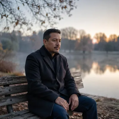 Man Sitting Alone by Lakeside Bench