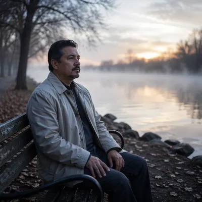 Solitary Man on Bench by Lake