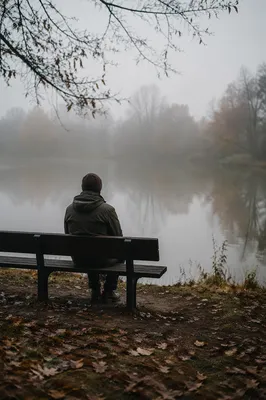 Solitary Bench Reflection by Misty Pond