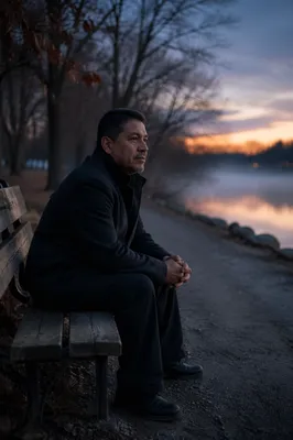 Man Sitting Alone on Lakeside Bench