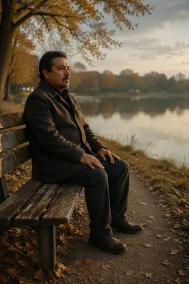 Man Sitting Alone by Lakeside Bench