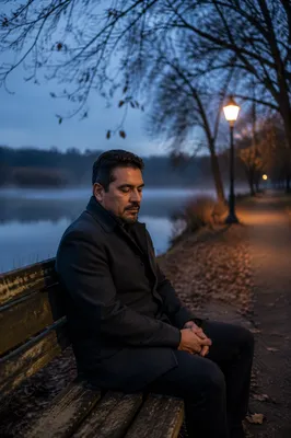 Man Sitting Alone on Lakeside Bench