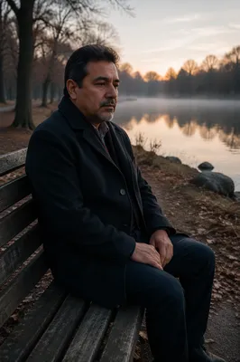 Solitary Man on Bench by Lake