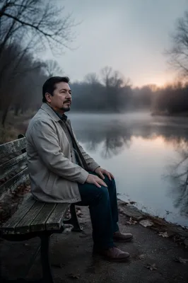 Solitary Man on Bench by Lake