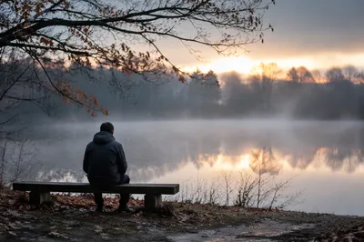 Solitary Contemplation by Misty Lakeside Bench