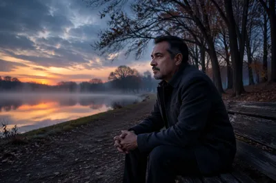 Man Sitting Alone on Lakeside Bench