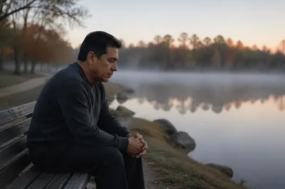 Solitary Man on Bench by Lake