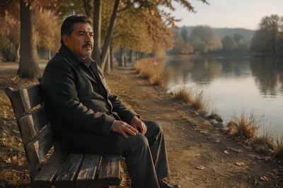 Man Sitting Alone by Lakeside Bench