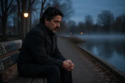 Man Sitting Alone by Lakeside Bench