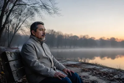 Solitary Man on Bench by Lake