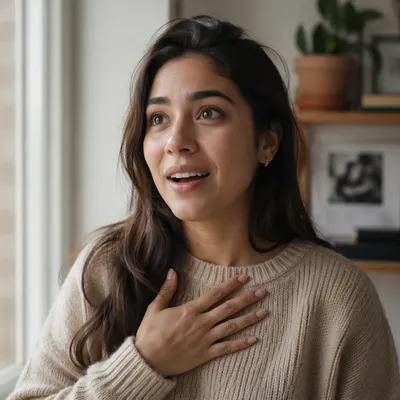 Surprised and Grateful Woman by Window