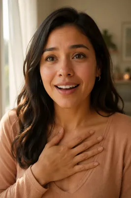 Surprised Grateful Woman by Sunlit Window