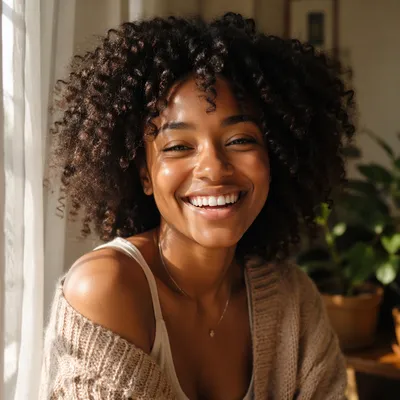 Joyful Close-Up Portrait by Sunlit Window