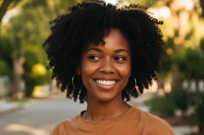 Joyful Young Woman with Curly Hair