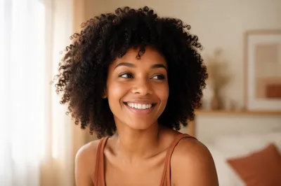 Joyful Young Woman with Curly Hair