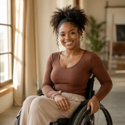 Joyful Woman in Wheelchair by Window