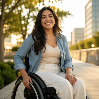 Joyful Woman in Wheelchair on Urban Walkway