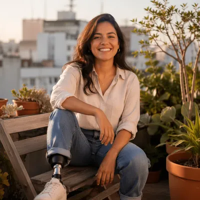 Joyful Woman with Prosthesis on Rooftop