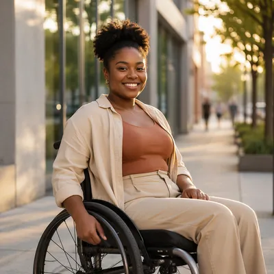 Joyful Woman in Wheelchair on Sidewalk