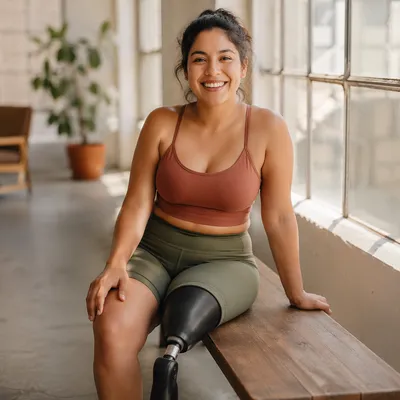 Joyful Woman with Prosthetic Leg Portrait