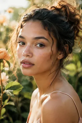 Freckled Woman Portrait in Morning Garden