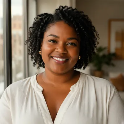 Confident Smiling Woman by Apartment Window