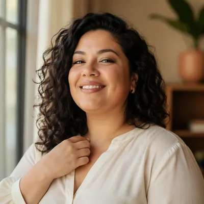 Confident Smiling Woman by Apartment Window
