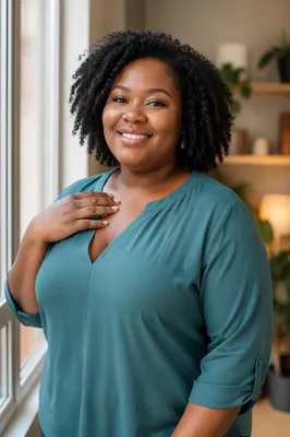 Confident Smiling Woman by Apartment Window