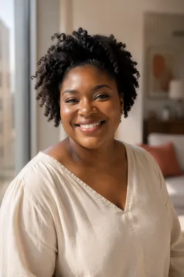 Confident Smiling Woman by Apartment Window
