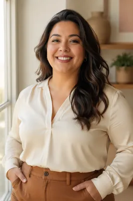 Confident Smiling Woman by Apartment Window