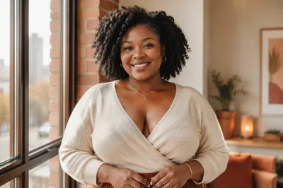 Confident Smiling Woman by Apartment Window