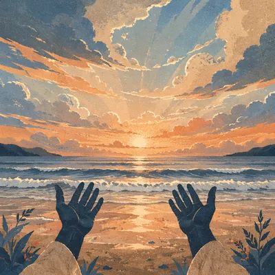 Praise Hands Over Golden Sunset Ocean