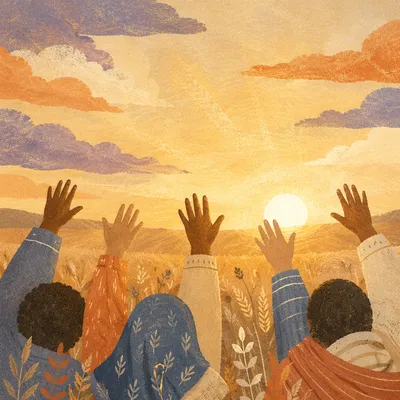 Raised Praise Hands Under Golden Sunset