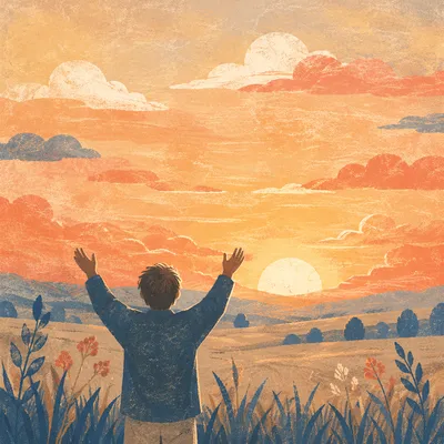 Silhouetted Person with Raised Hands at Sunset