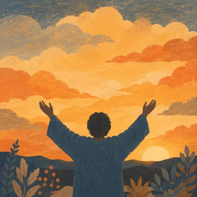 Raised Praise Hands Under Golden Sunset