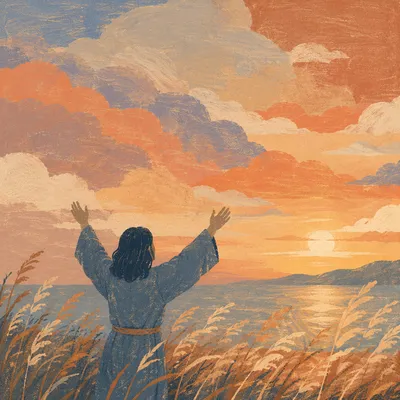 Silhouetted Figure with Raised Hands at Sunset