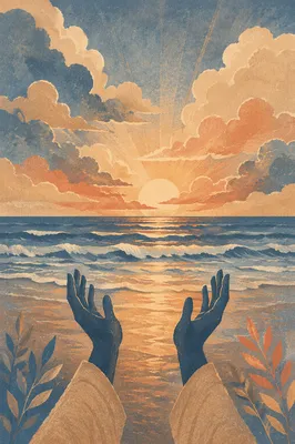 Praise Hands Over Golden Sunset Ocean