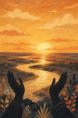Praise Hands Over Golden Sunset River