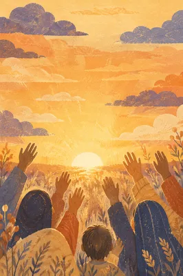 Raised Hands Beneath Golden Sunset Sky