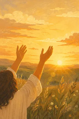 Praise Hands Raised in Golden Sunset
