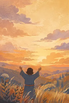 Silhouetted Person with Raised Hands at Sunset