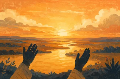 Praise Hands Over Golden Sunset River