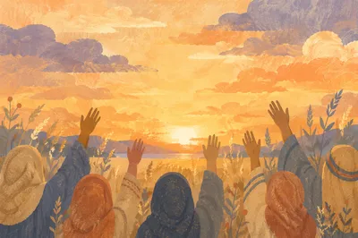 Raised Hands Under Golden Sunset Sky