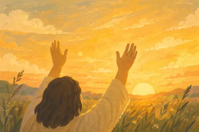 Praise Hands Under Golden Sunset Sky