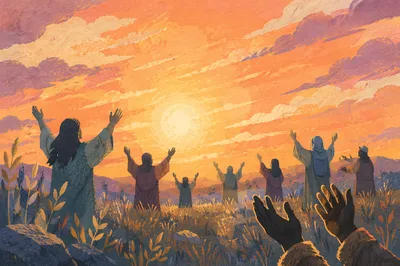 Praise Hands Raised at Golden Sunset