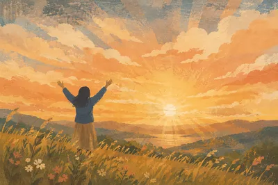 Silhouetted Figure with Raised Arms at Sunset