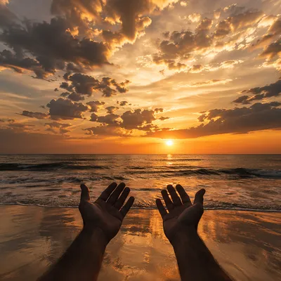 Praise Hands Over Golden Sunset Ocean